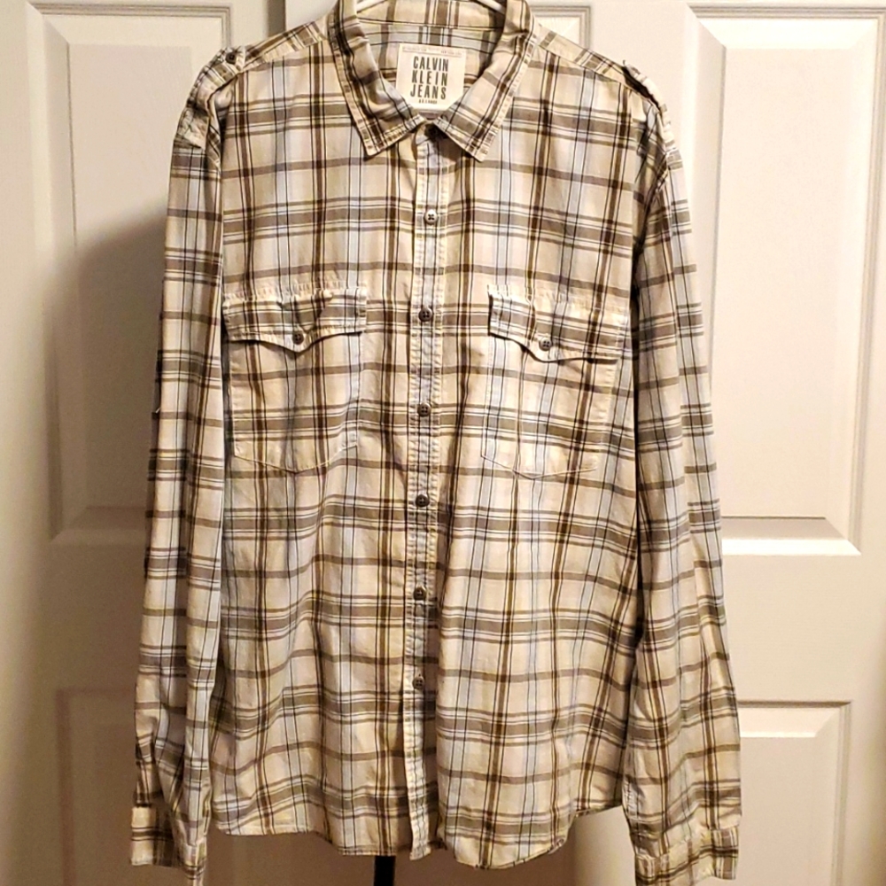 Calvin Klein Jeans men's striped button down shirt with adjustable sleeves